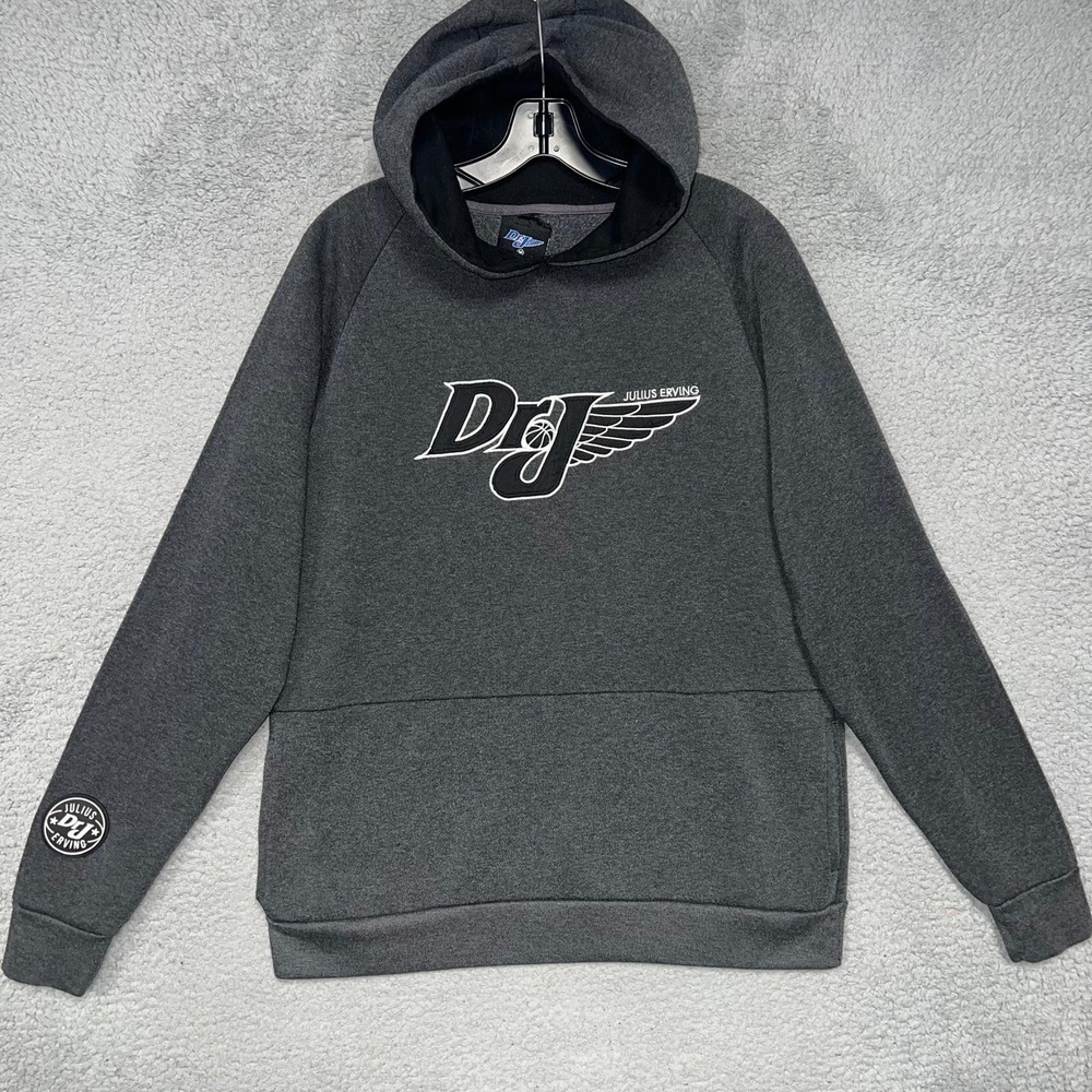 VTG Dr. J Julius Erving Hoodie Mens Sz M Gray Embroider Logo Basketball Pullover